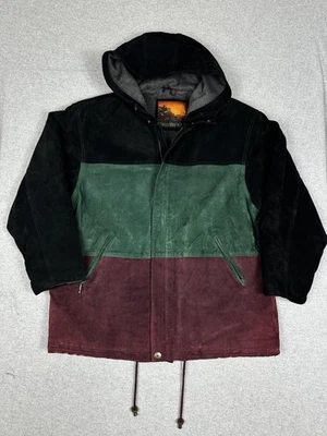 Chaqueta Outbrook para mujer 1X negra verde borgoña gamuza cuero con capucha bloques de colores Foto 1 de 4