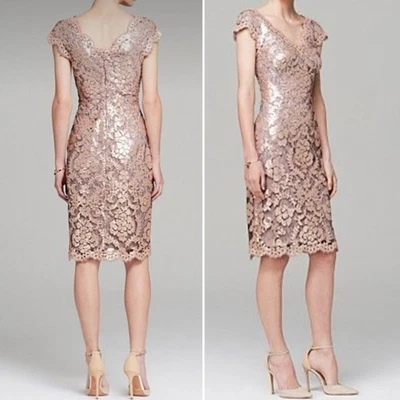 Tadashi Shoji Lace Paillette Cocktail Dress Shimmer Taupe Blush Women’s Size 4 - Image 1 of 4