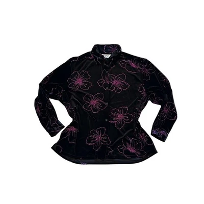VTG Black purple velvet sparkly floral longsleeve button down shirt jacket - Image 1 of 4