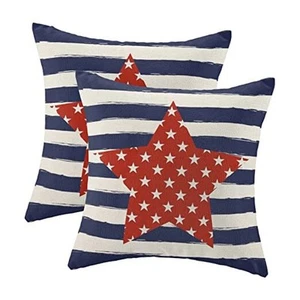 4th of July Pillow Covers 18x18 Inch 18" x 18" (Pack of 2) Blue Stripe Red Star - Picture 1 of 8