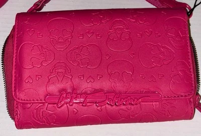NWT Betsey Johnson Hot Pink Embossed Skulls Crossbody Bag XOLANDON Web Strap - Image 1 of 4