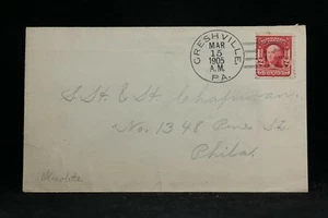 Pennsylvania: cubierta de Greshville 1905, Doane 2/1 no listado, DPO Berks Co - Imagen 1 de 2