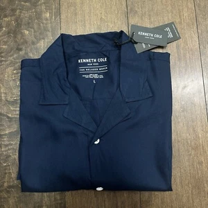 Kenneth Cole New York Men’s Large The Relaxed Woven Shirt Navy Blue Rayon Nwt - Picture 1 of 7
