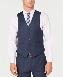 $240 Michael Kors Men's 38L Blue Wool Classic Fit Wool Plaid Suit Waistcoat Vest - Picture 1 of 3