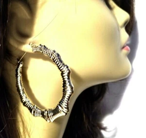 BAMBOO HOOP EARRINGS GOLD TONE RIBBED BAMBOO HOOP EARRINGS 2.5 INCH HOOPS - Picture 1 of 3