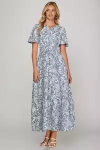 She + Sky Printed Notched Woven Tiered Pintuck Maxi Dress with Side Pockets - Picture 1 of 5