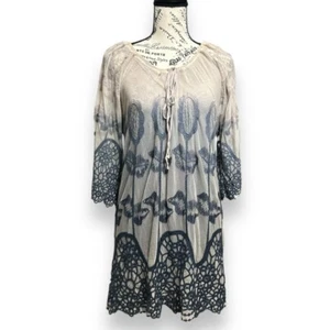 XCVI Damen S beige blau bestickt Boho Bauern Tunika Kleid Häkel Spitze Saum - Bild 1 von 8