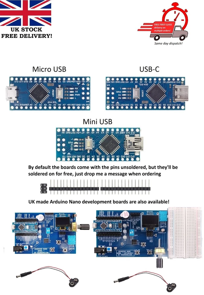 Type-C Mini USB or Micro USB Arduino Nano V3 Compatible ATMEGA328P CH340C boards - Image 1 of 4