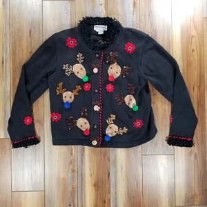 Jack B. Quick Christmas Cardigan Sweater Sz S Plus Reindeer Knit Pom Pom Bells - Picture 1 of 12