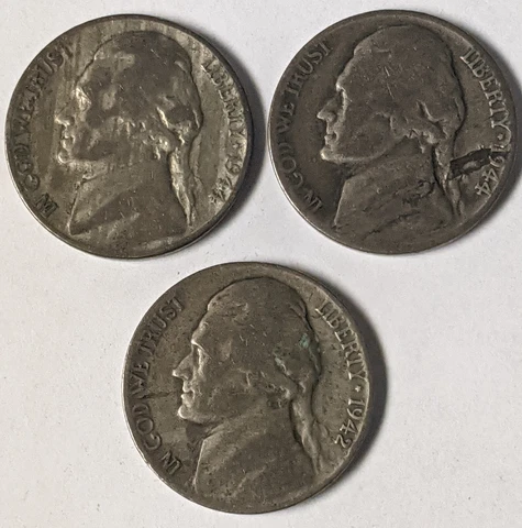 Three Jefferson War Nickels; planchet errors / delamination 42 P, 44 P, 44 P Cover