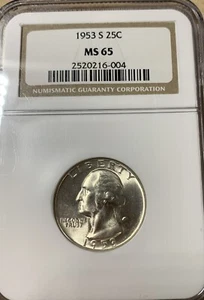 1953-S 25C WASHINGTON QUARTER, NGC MS-65, GEM LUSTER! - Picture 1 of 4