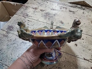 Vtg Italian Majolica Signed Centerpiece Bowl Gold Lions Eagle Condiment Dish - Picture 1 of 11