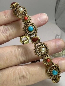 Blumen Armband durchbrochen Türkis Koralle Perle Vintage Gold Brosche Anstecknadel M-4882 - Bild 1 von 6