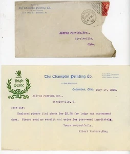 1895 Champlin Printing Co Brief Columbus OH an Circleville Lodge Albert Vawters - Bild 1 von 4