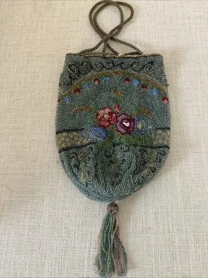 Старинный ар-деко на шнурке стекла бисером бахрома сумка сумочка отличном состоянии! - Изображение 1 из 4