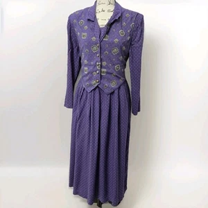 Vestido Karin Stevens Midi Talla 16 Púrpura Chaleco Estampado Manga Larga De Colección Raro Encontrar - Imagen 1 de 13