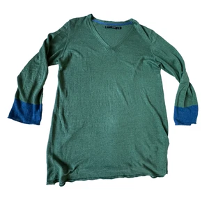 Gudrun Sjoden Womens M 100% Linen Tunic Sweater V-neck Green Blue Lagenlook Top - Picture 1 of 5