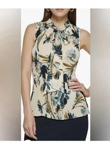 DKNY Cream Pleated Floral Print Sleeveless Blouse Top Size XS  - Picture 1 of 4