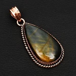 Tiger Eye Gemstone Ethnic Handmade Pure Copper Pendant Jewelry 2.28" AP-29143 - Picture 1 of 1