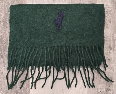 Vintage Polo Ralph Lauren Mens Green Blue Embroidered Pony Wool Fringed Scarf - Image 1 of 3