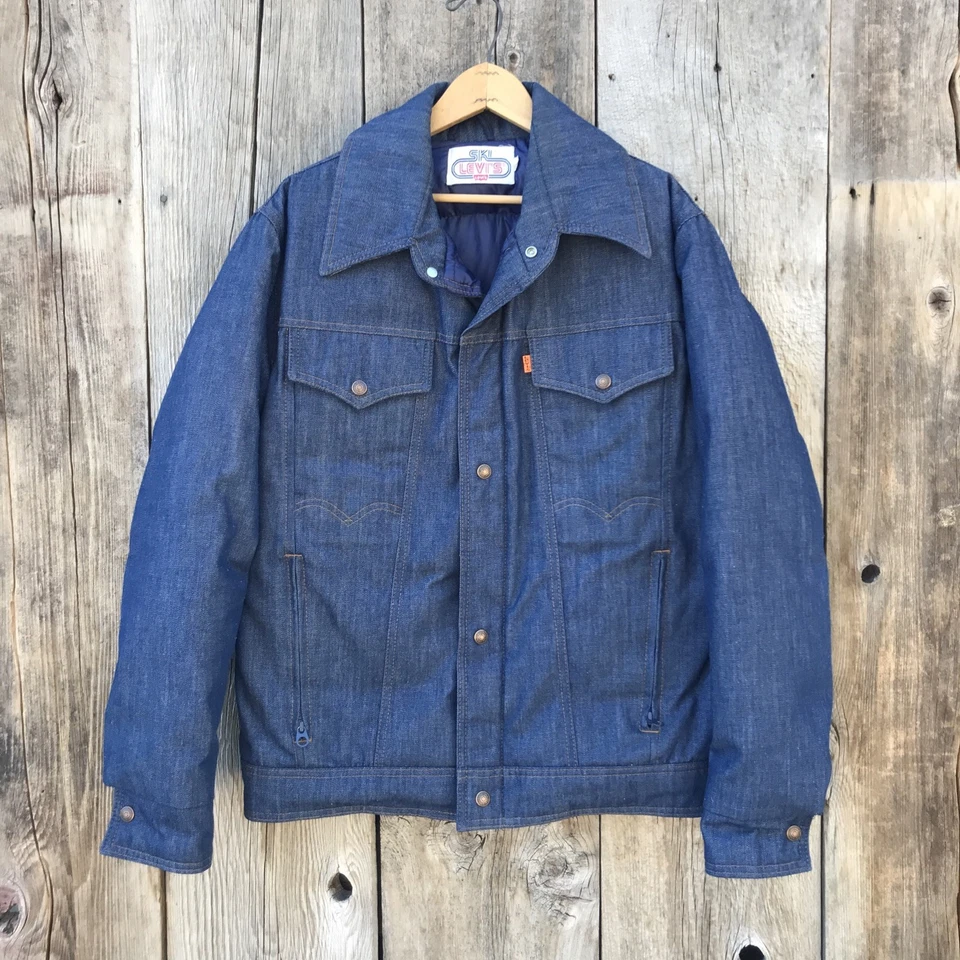 Chaqueta acolchada de plumón de ganso de mezclilla Levi's Ski vintage de los años 70 con lengüeta naranja talla grande RARA Foto 1 de 4