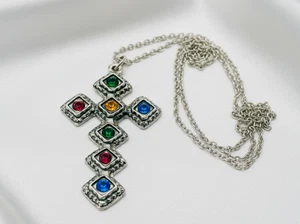 Vintage Silber Metall farbig Kristallglas Kreuz und Kette verpackt - Bild 1 von 9