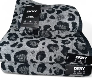 New DKNY Black Grey 4pc Cheetah Leopard Print 2 Bath & 2 Hand Towels New - Picture 1 of 1