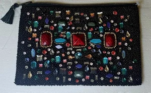 Ladies Black Linen Beaded Bag Pronged Rhinestones Front/Back - Picture 1 of 6