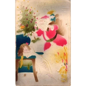 Christmas Postcard Victorian Santa Tree Toys Girl Fireplace Airbrushed Embossed - Picture 1 of 3