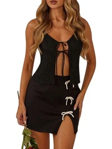 Women s 2 Piece Skirt Outfits Sleeveless Open Front Lace Cami Tops Split Tie Up - Picture 1 of 7