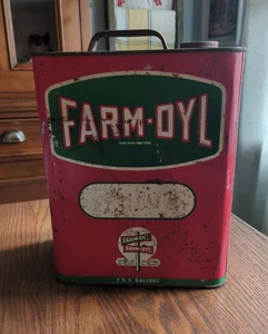 Lata de aceite de motor Farm-Oyl vintage publicidad 2 galones vacía granja de gas y petróleo - Imagen 1 de 7