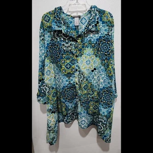 Catherines Blouse Sz 4X Button Up Shark Bite Hem Rolled Cuff Blue Green Boho - Picture 1 of 16