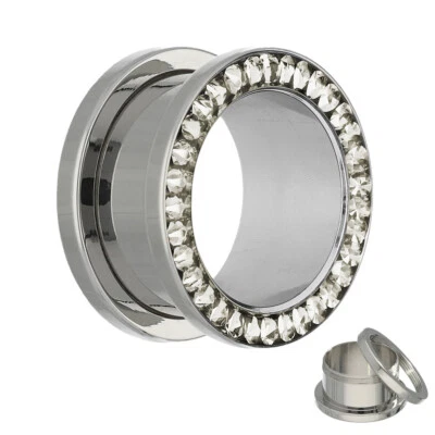 Treuheld® - Flesh Tunnel - Titan - Silber - Gewinde - Kristalle (6466) - Bild 1 von 3