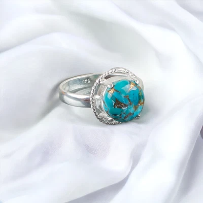 Blue Copper Turquoise Natural Gemstone Ring for Women 925 Sterling Silver - Image 1 of 4