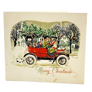 Tarjeta de felicitación de Navidad de los años 20 para conducir familiar con árbol en la parte superior color EE. UU. - Imagen 1 de 12