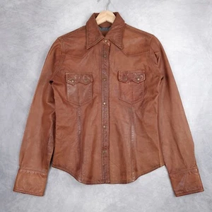 Handmade Leather Shirt Jacket Womens Small Brown Western Snap Sawtooth Pocket - Picture 1 of 24