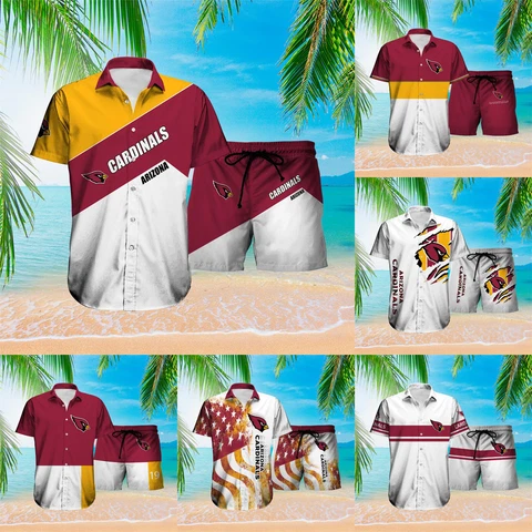 Arizona Cardinals Men's Summer Loose Shirt Gym Workout Board Shorts 2PCS Outfit Cover