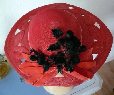  El Rita 1940`s Red Stunning Straw Large Woven brim Picture Hat Black  Flowers - Image 1 of 4