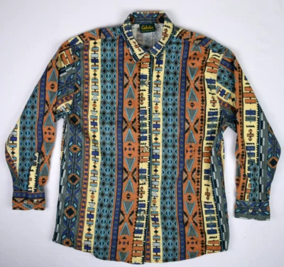 复古法兰绒衬衫 Cabelas 尺寸 S/M 80 年代阿兹特克西南垂直图案 — 第 1/4 张图片