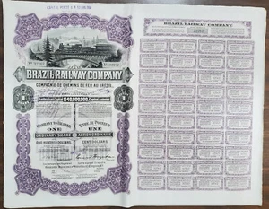 BRAZIL BOND RAILWAY COMPANY 40,000,000 CAPITAL AUTORISE STOCK CERTIFICATE 1911,F - Picture 1 of 2