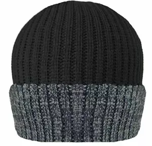 MENS KNITTED THINSULATE BLACK AND GREY CHUNKY PLAIN BEANIE HATS NO WOVEN LABEL - Picture 1 of 1