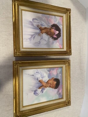 ARTIST G. ROSE Set of 2 BLACK AFRICAN AMERICAN BOY & GIRL PRAYING Framed 13x11 - Image 1 of 4