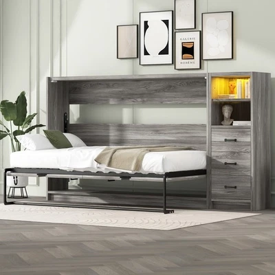 Cama Murphy tamaño doble con cajones y luz LED, se puede plegar en un armario Foto 1 de 4