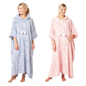 Womens Oversized Poncho Animal Print Fleece Hooded Blanket Blue Pink Robe - Picture 1 of 20