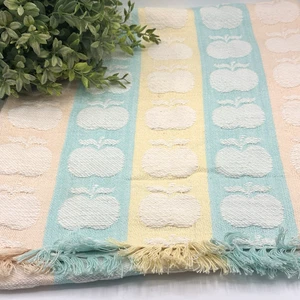 Vintage Woven Table Runner 69x14” Pastel Stripes Apples Fruit Design Fringe - Picture 1 of 14