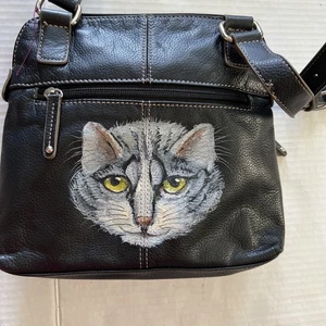 Vintage schwarze Leder Tignanello Schultertasche/Geldbörse Crossbody handbemalt Katze - Bild 1 von 13