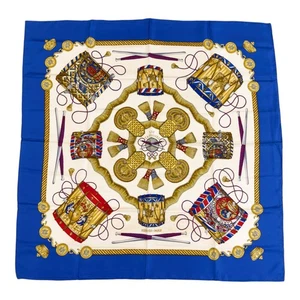 Hermes Silk Scarf Carre 90 "LES TAMBOURS" Blue Silk Scarf - Picture 1 of 7
