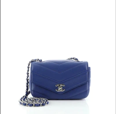Authentic Chanel Blue Chevron Mini Classic Flap Caviar Leather - Image 1 of 4