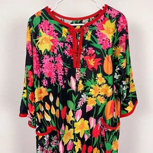 Vestido Vintage Años 70 Hecho a Mano Mod Caftán Muumuu Negro Floral Poliéster Cremallera Frontal - Imagen 1 de 12