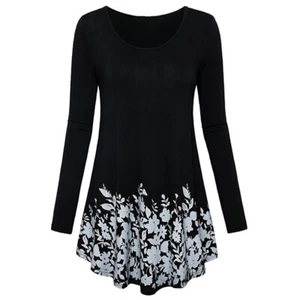 Damen Langarm T-Shirt Blumen Blätter bedruckt O-Ausschnitt Plissee Freizeit T-Shirt - Bild 1 von 11